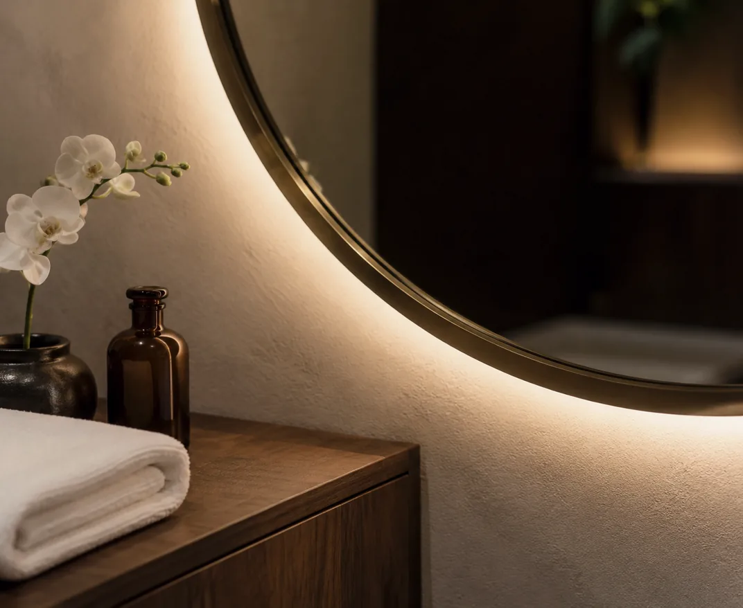 A lit mirror and console in the aesthetics room
