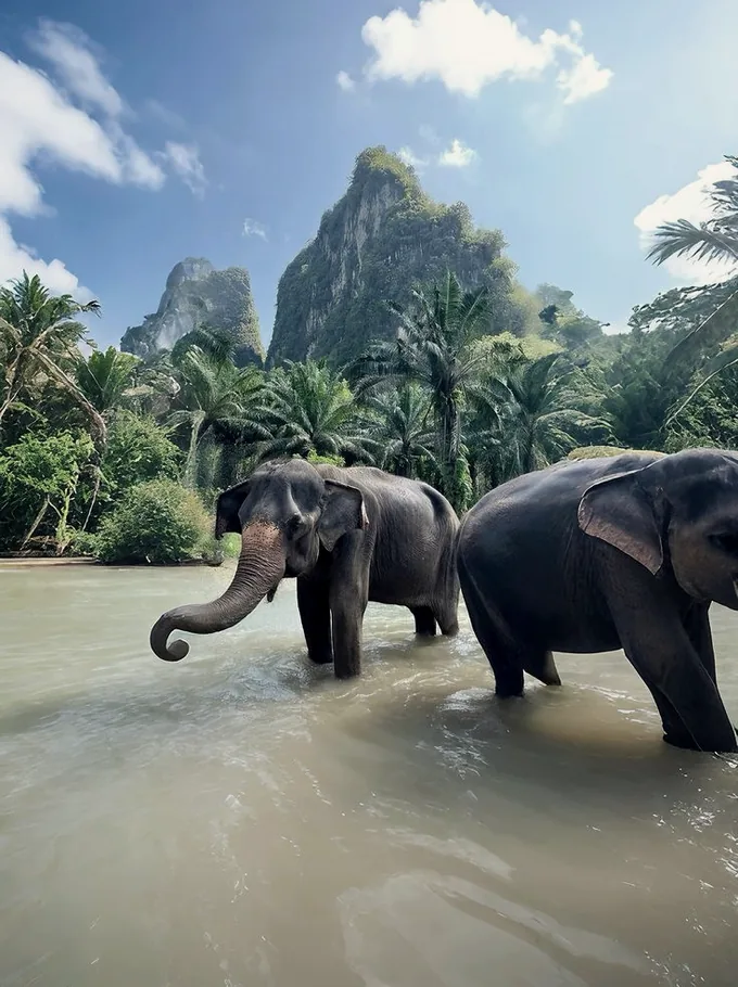 Asian elephants in a river