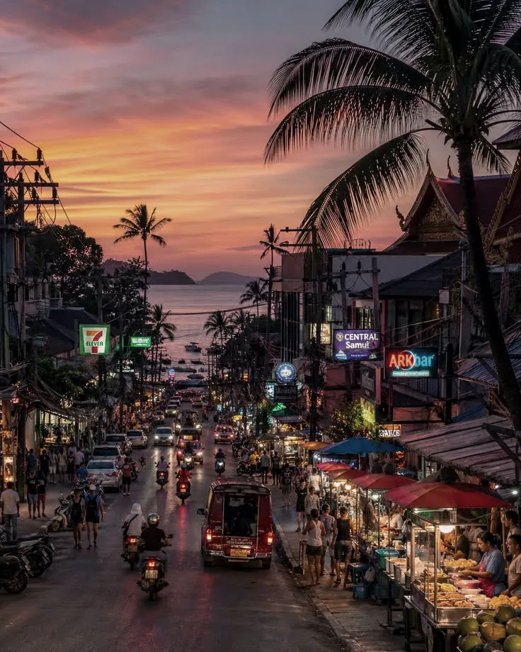 The island’s main street at dusk, lined with stalls