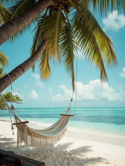 A hammock between palms on the shore