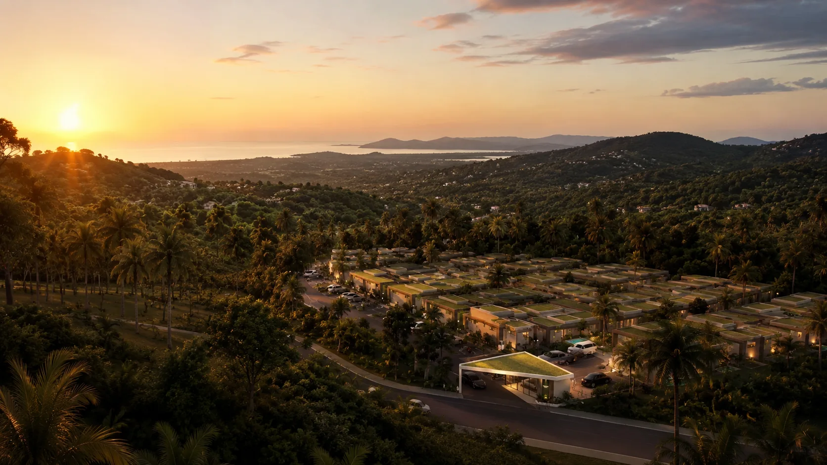 The resort from above at sunset