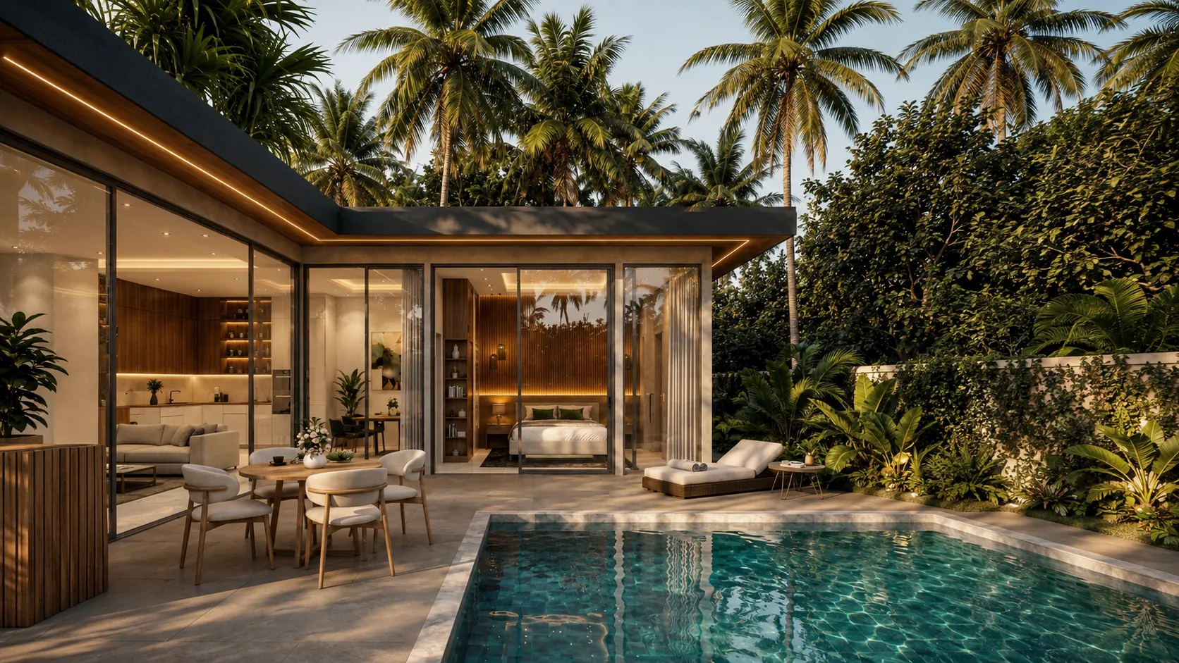 A villa és a medence este